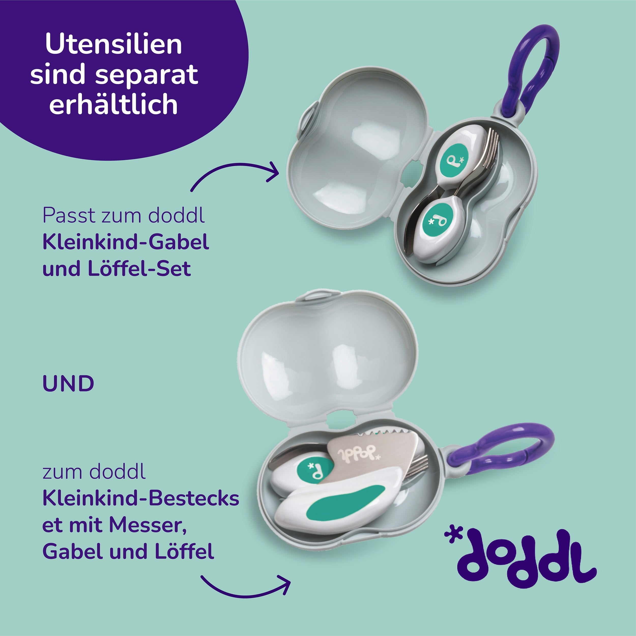 Doddl Kleinkinder-Besteckset (Löffel, Gabel & Messer) mit Besteckbox