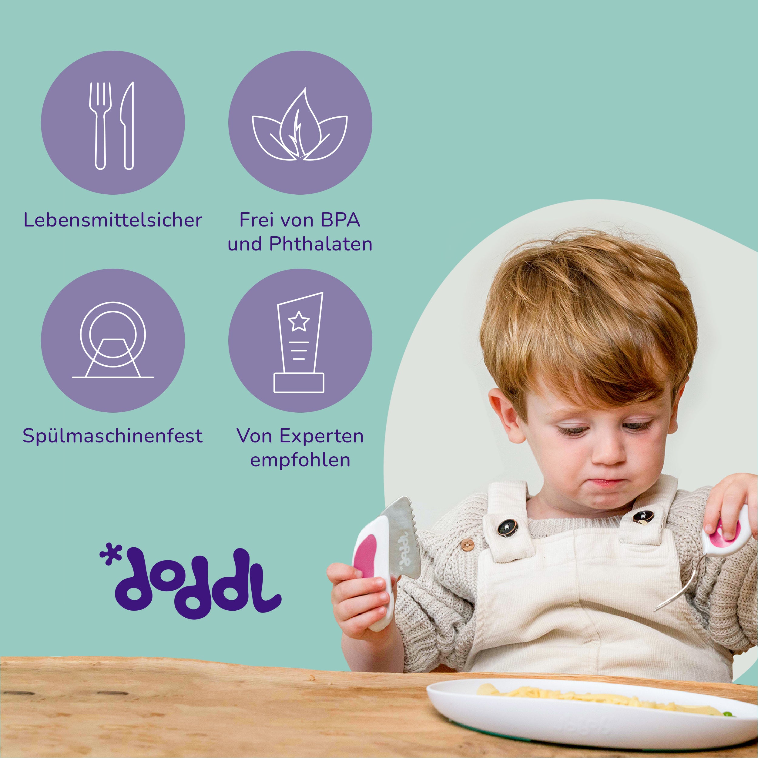 doddl Besteckset für Kleinkinder (Löffel, Gabel und Messer).