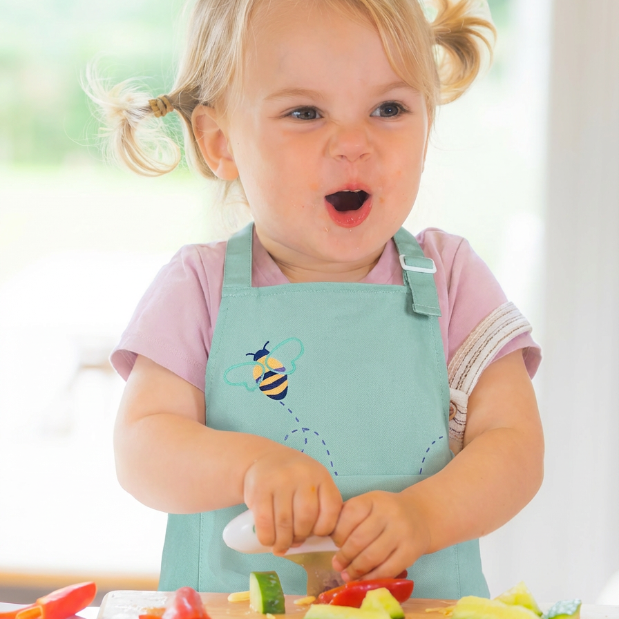 Child in a kitchen wearing a doddl apron, preparing food with doddl knife  on a cutting board.